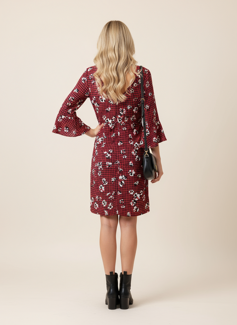 bordo çiçek desenli elbise