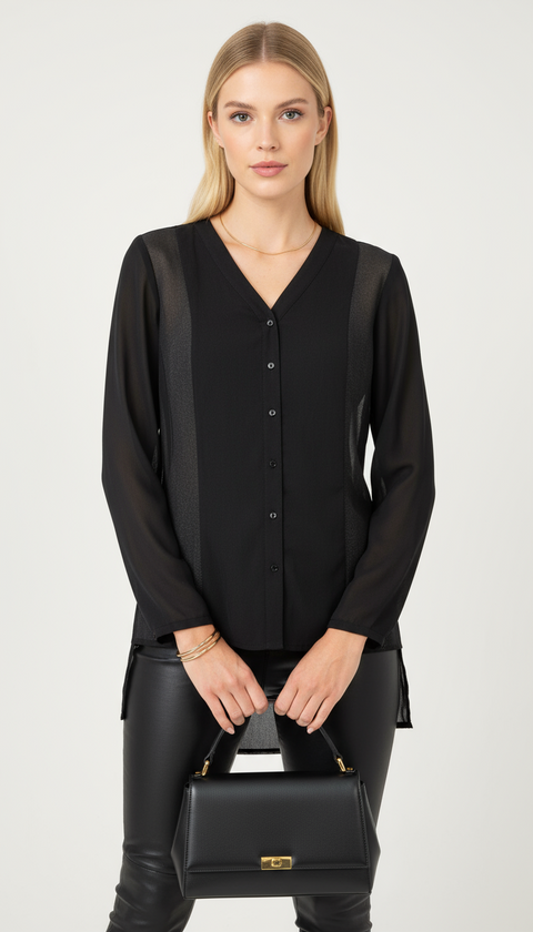 Asimetrik kesim yanları transparan siyah gömlek