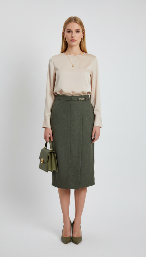 Haki midi boy yırtmaçlı etek