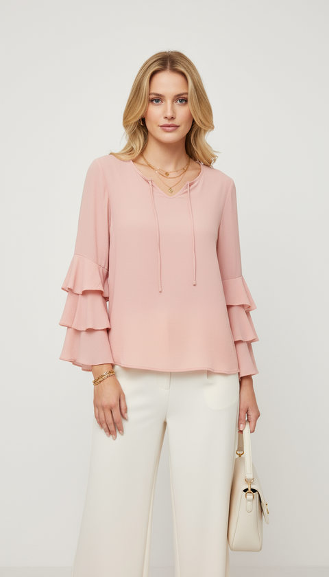 Kolları kat detaylı yakası püskül detaylı pembe bluz