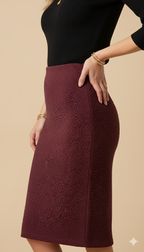 Bordo kabartma desenli midi boy etek