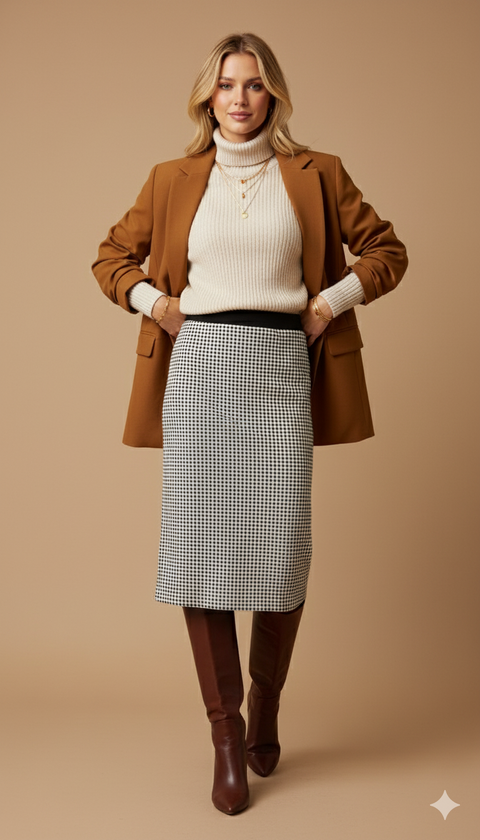 Kare desenli diz hizası etek