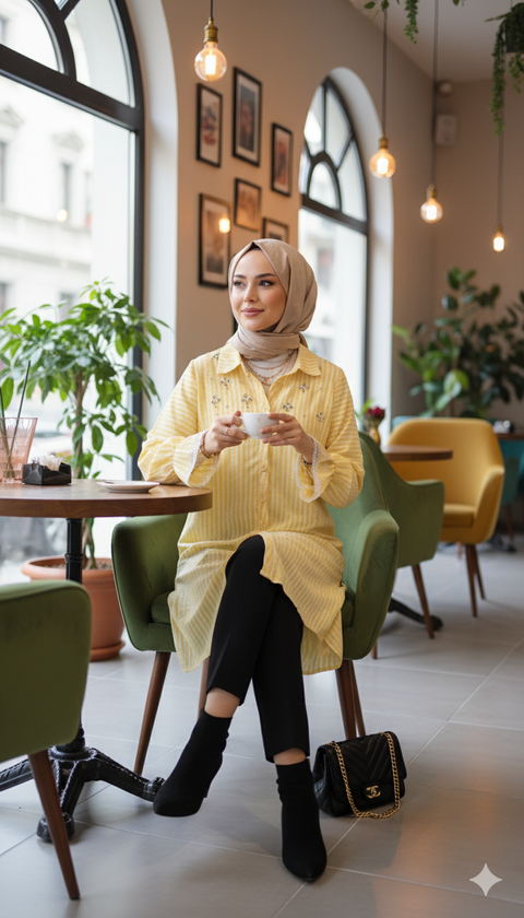 Taş detaylı kolları dantelli bağlamalı sarı tunik