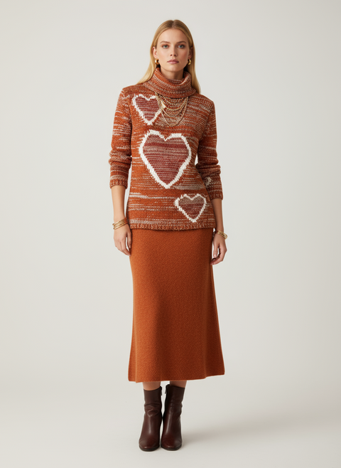Kalp desenli turuncu örgü kazak