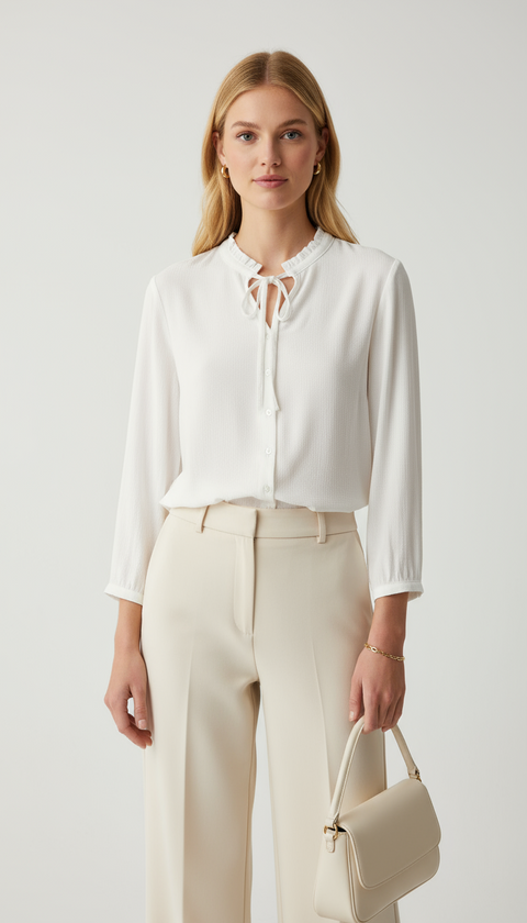 yakası fırfır ve bağlama detaylı beyaz bluz