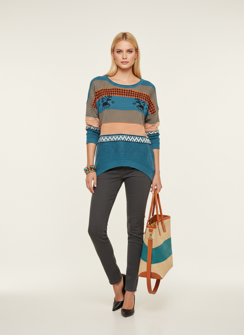 Geyik desenli mavi turuncu kazak