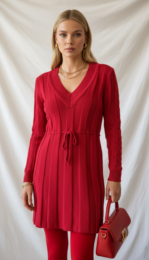 Bağlama detaylı simli kırmızı kazak