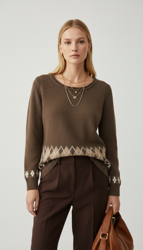 Baklava desen kahverengi kazak