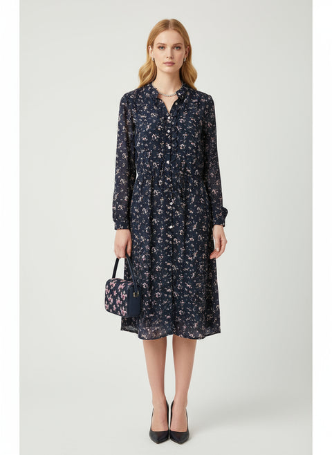 Minik çiçek desenli lacivert elbise