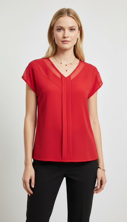 V yaka yarım kol sırt yaka ve kol üstü kısımları transparan tül detaylı bluz