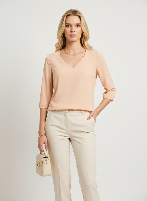 Yakalı yarım kollu pudra pembesi bluz