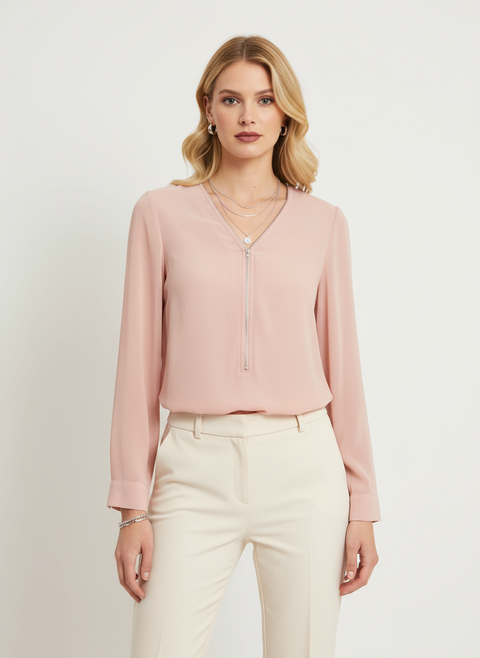 Önü fermuarlı toz pembe bluz