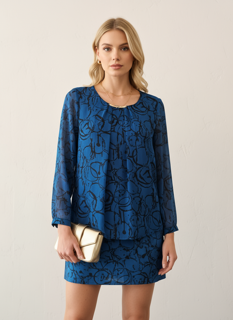 saks mavisi siyah karışımlı yakası gold metal detaylı bluz