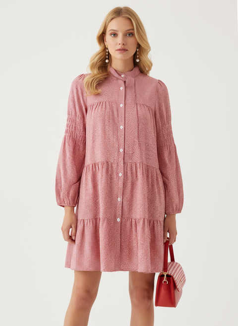 Potikare desenli katlı kırmızı elbise