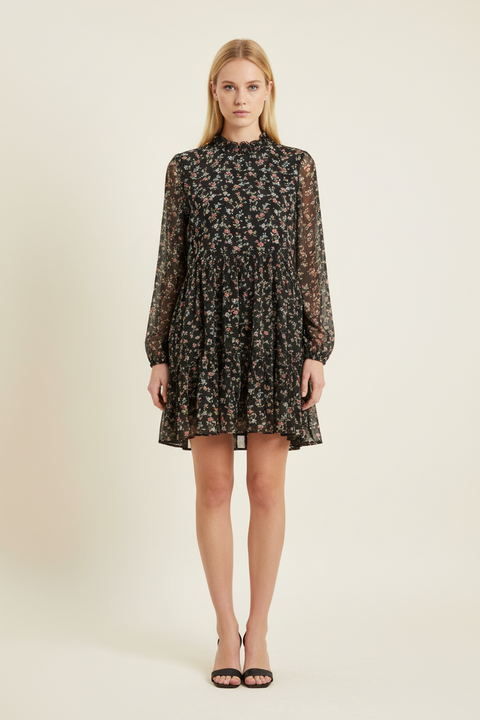 çiçekli siyah şifon elbise