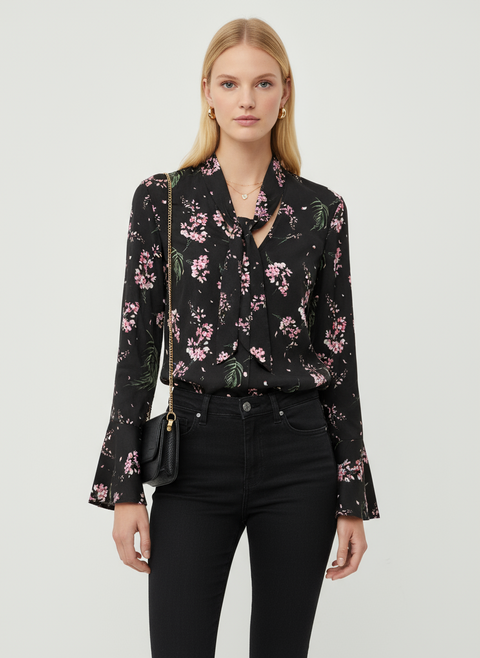 yakası arka bağlama detaylı çiçek desenli lacivert bluz