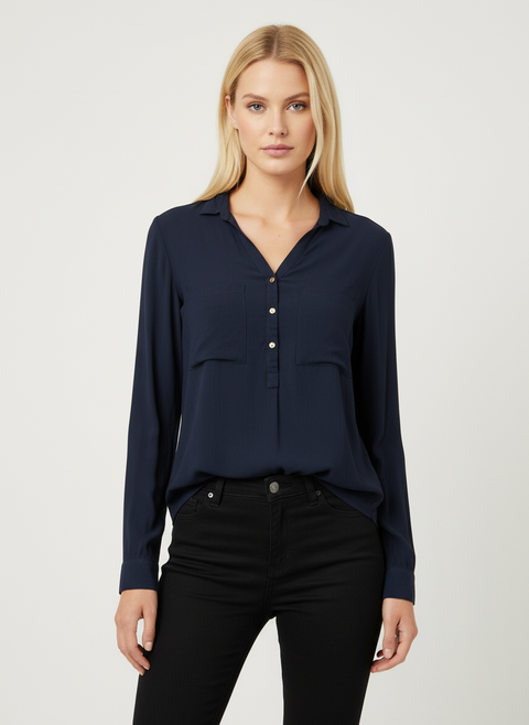 asimetrik kesim üçgen yaka lacivert bluz