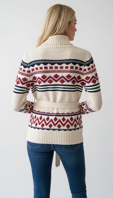 Krem üzerine etnik desenli arkası kemerli ceket