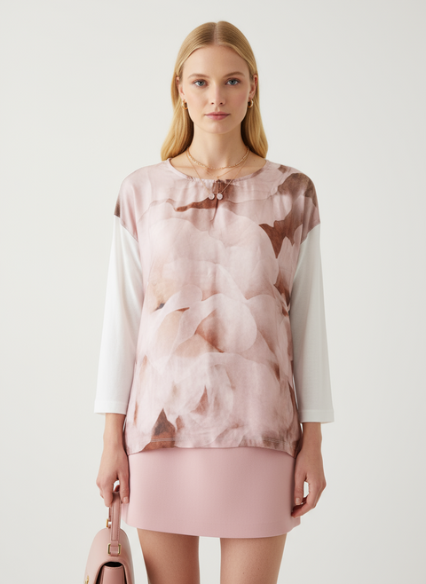 önü pembe desenli beyaz bluz