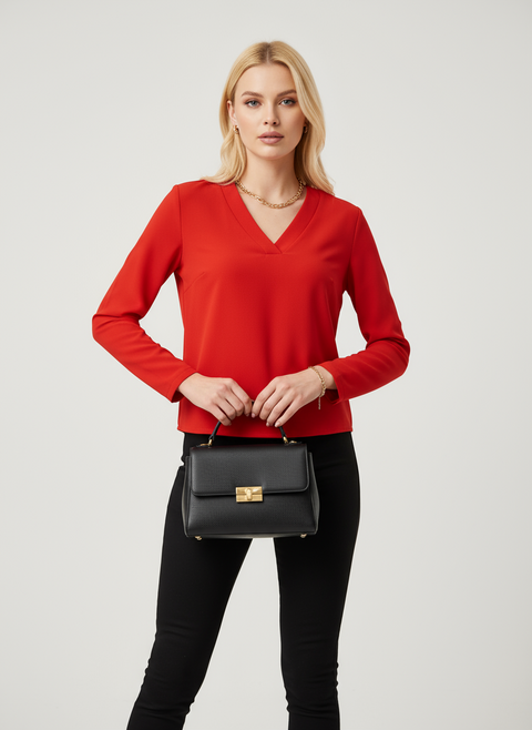 Kırmızı v yaka şifon bluz