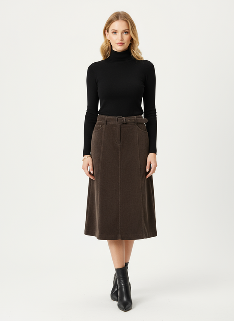 Kadife kahverengi diz altı midi etek