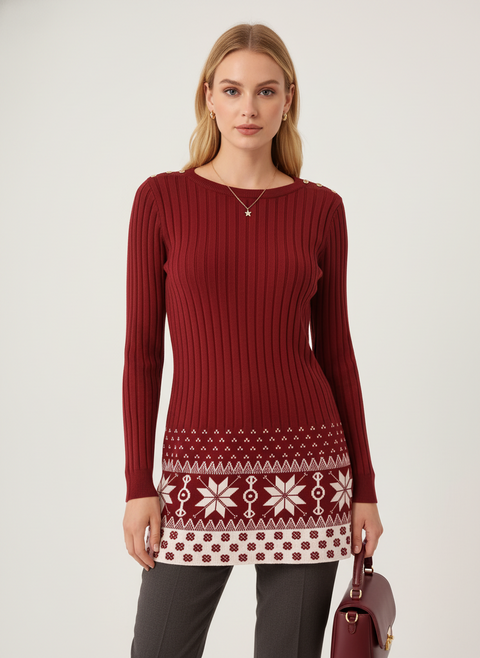 Alt kısmı beyaz desenli omzu düğme detaylı kırmızı kazak