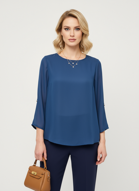 Şifon düz lacivert bluz