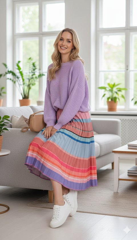 Yan renk geçişli çok renkli beli lastikli maxi etek