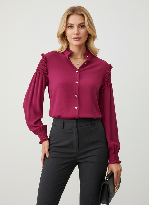 Pembe kolları lastik detaylı gömlek