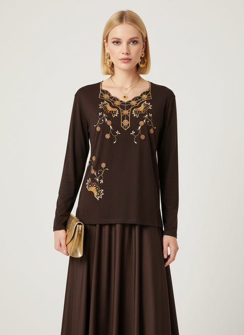 nakış pul detaylı kahverengi bluz
