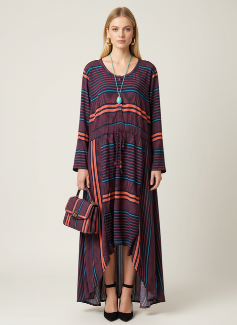 Çizgi detaylı mor elbise