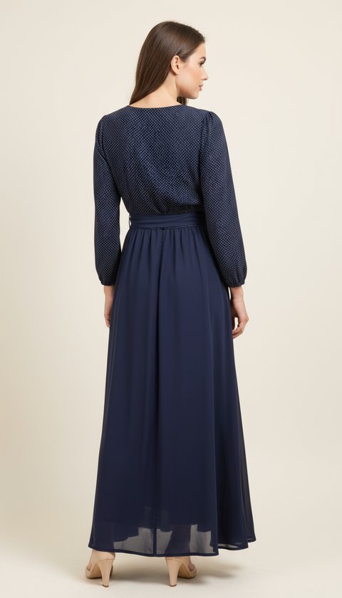 Puantiye desenli yakası metal düğme detaylı uzun elbise