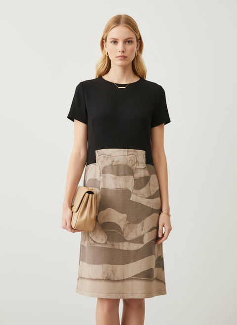 Dalga desenli uzun siyah elbise