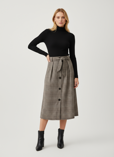 Ekose kemer detaylı sütlü kahve etek