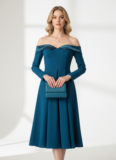 Kayık yaka petrol mavisi elbise