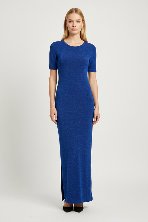 Sim detaylı saks mavisi maxi elbise