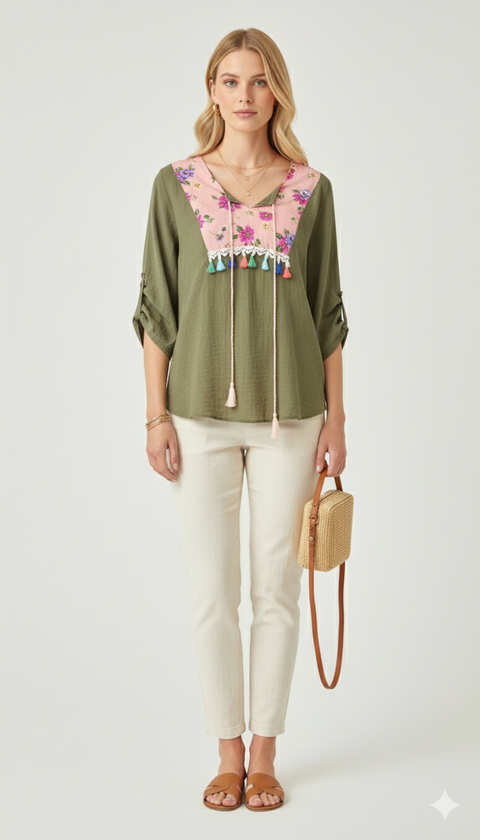 Yeşil püsküllü bluz