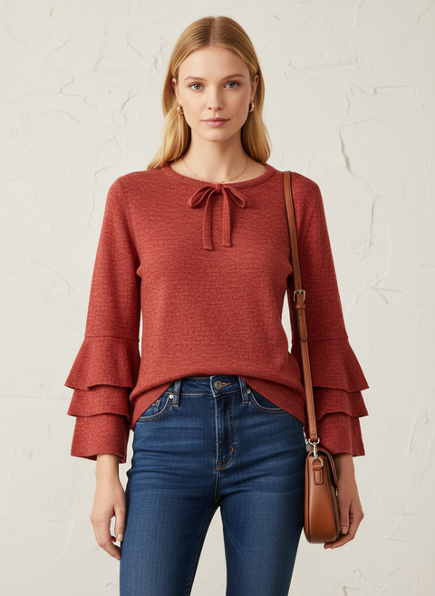 Kolları pileli kırmızı kazak