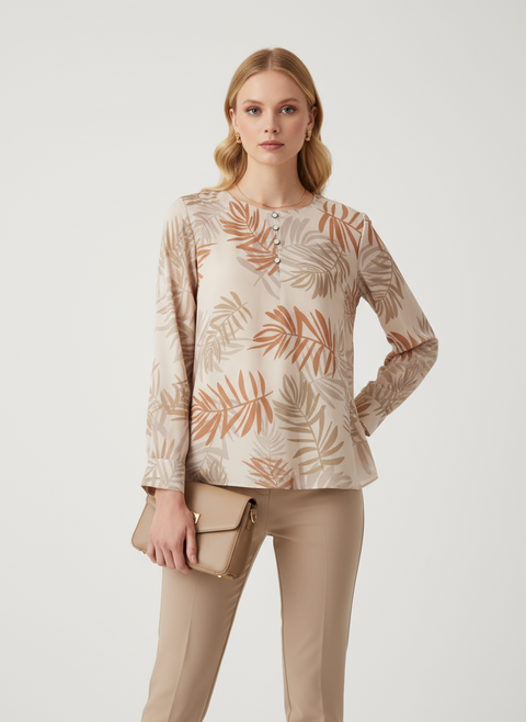Bej yaprak desenli bluz
