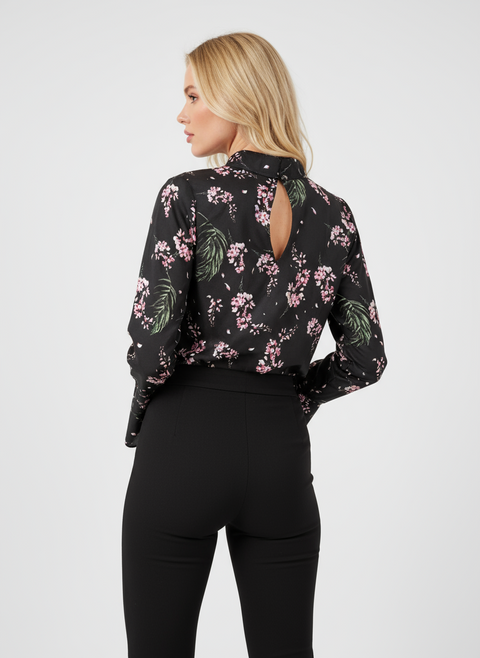 yakası arka bağlama detaylı çiçek desenli lacivert bluz