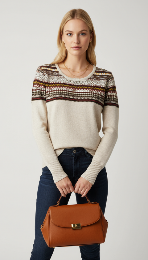 Renk bloklu yırtmaçlı krem kazak