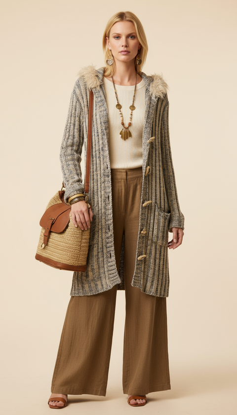 Karışık renkli tüy kapüşonlu ceket