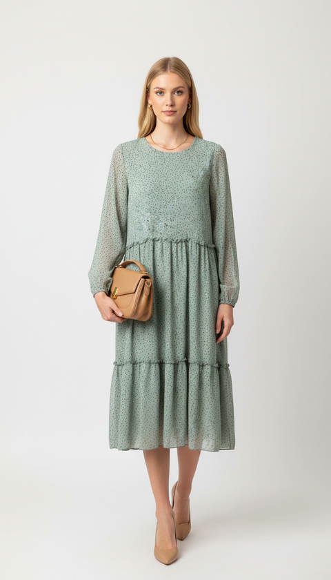 Yeşil nokta desenli kat elbise