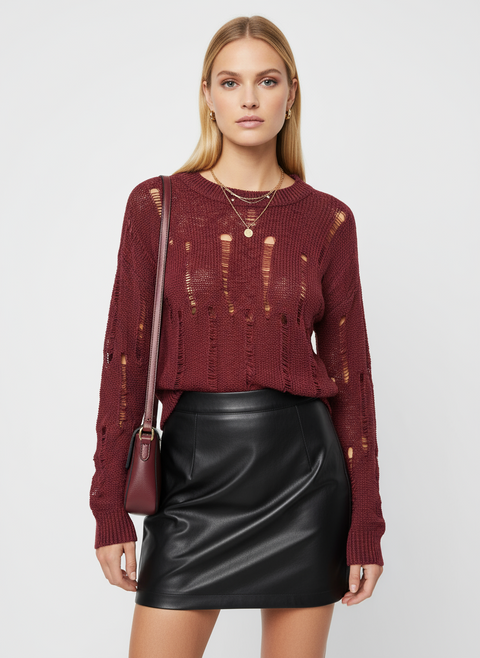 Delikli triko bordo kazak