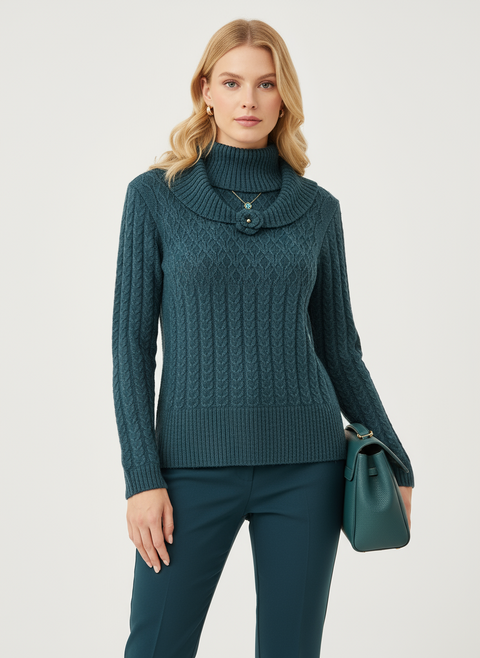 Yeşil önü gül detaylı kazak