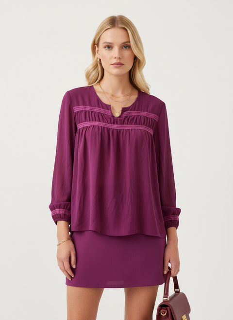 şerit tranparan detaylı pembe bluz