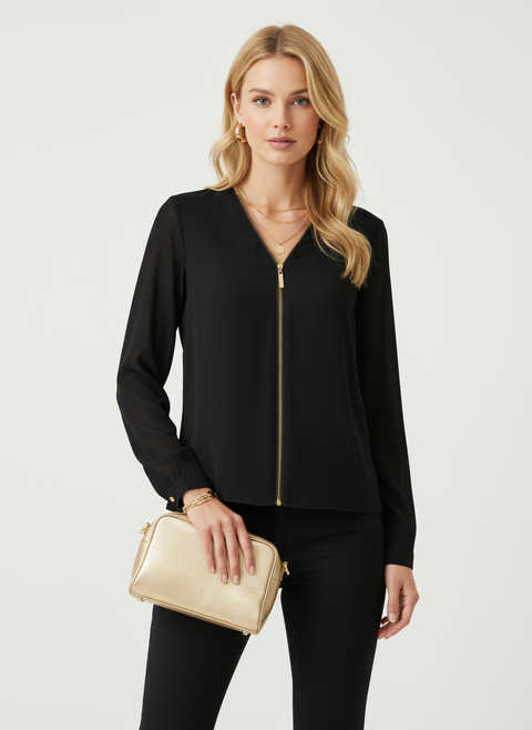 Siyah fermuarlı şifon bluz