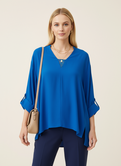 Lacivert önü dantelli bluz