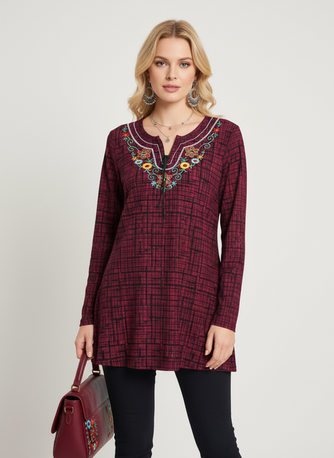 önü nakış işlemeli bağlama detaylı bordo bluz