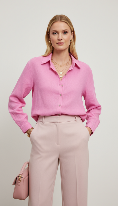 Yanları cepli bol kesim pembe gömlek